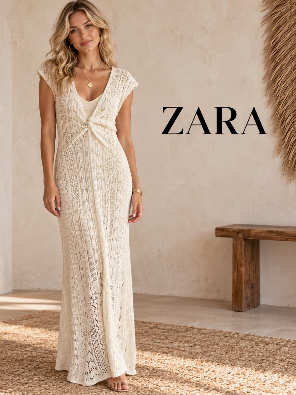 🌸ZARA Cream Crochet Maxi Dress with Twist Detail size M Bohemian Chic Resortwear